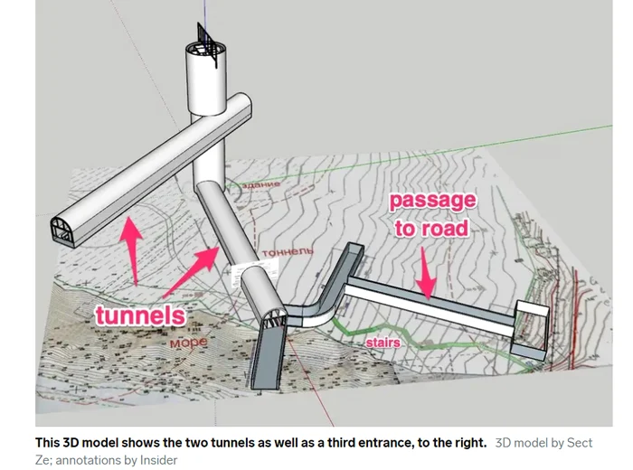 Acest model 3D arată cele două tuneluri, precum și o a treia intrare, în dreapta. FOTO: Insider