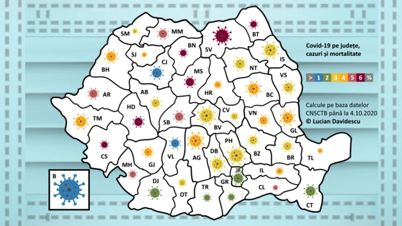 În imagine: o hartă cu reprezentarea datelor brute furnizate de INSP, care arată cazurile şi mortalitatea Covid-19 pe judeţe, la începutul lunii octombrie. Ce determină această situaţie foarte inegală, pe judeţe? Preluare de pe România Curată.