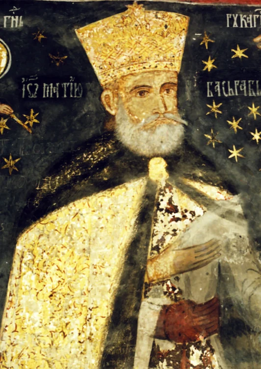 Voievodul Matei Basarab, pictură murală din biserica mănăstirii Arnota;Socol Florescu l-a servit cu fidelitate pe domnitor