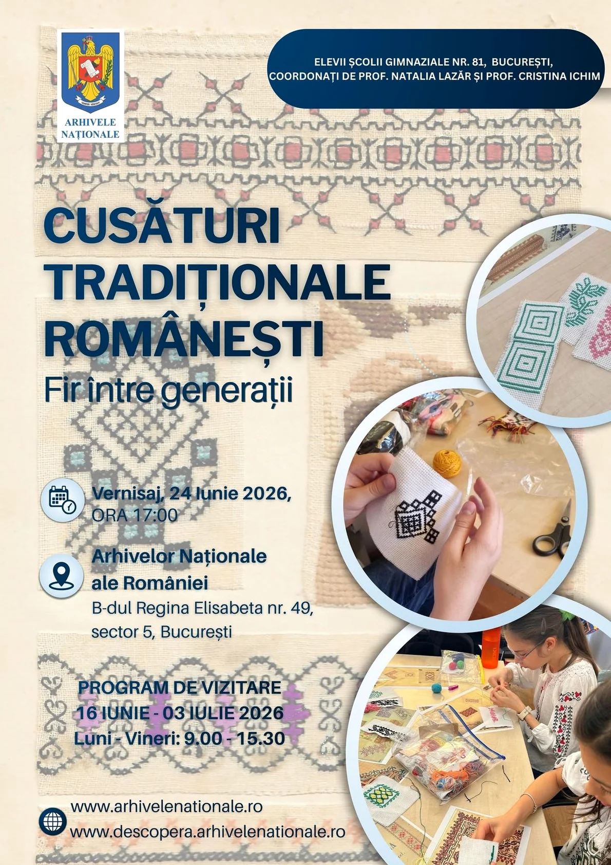 Expoziția „Cusături tradiționale românești. Fir între generații”, la Arhivele Naționale ale României