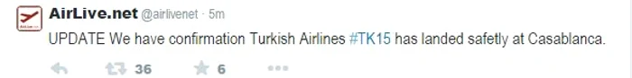 Mesajul publicat de AirLive.net confirmă aterizarea în siguranţă a aparatului