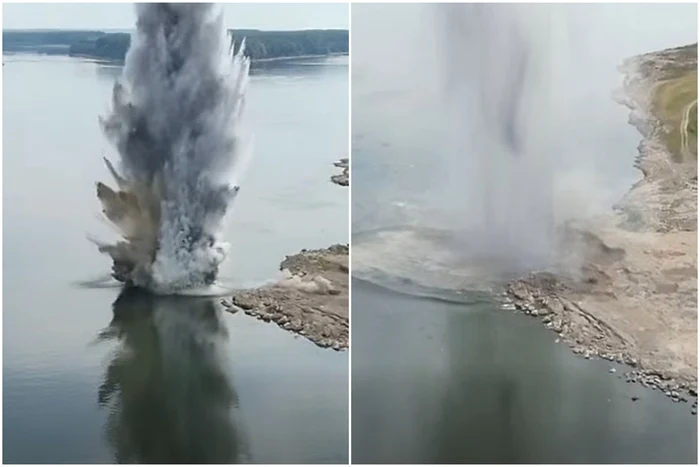 Stânca Pârjoaia, detonată cu 100 de kilograme de explozibil. Foto: captură video MApN