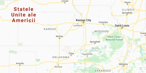 Harta a Statelor Unite cu Missouri si Kansas in prim plan Captura Google Maps