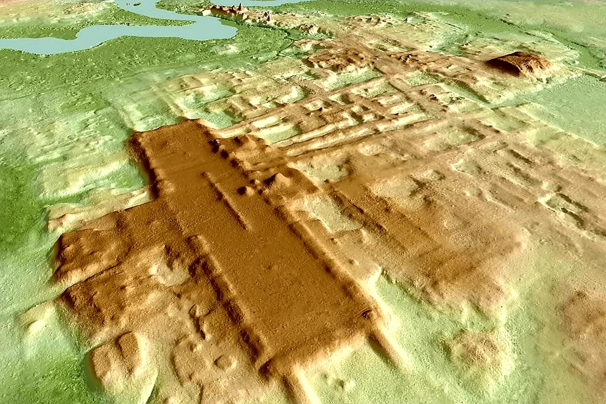 Construcțiile mayașe de la Aguada Fénix, văzute folosind tehnologia LIDAR (© Takeshi Inomata / Wikimedia Commons)