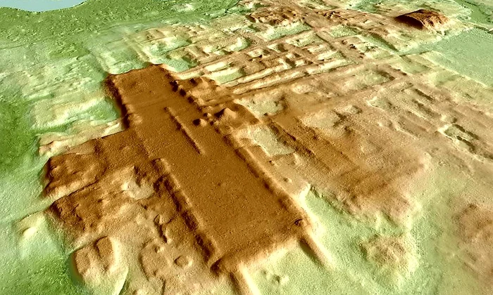 Construcțiile mayașe de la Aguada Fénix, văzute folosind tehnologia LIDAR (© Takeshi Inomata / Wikimedia Commons)