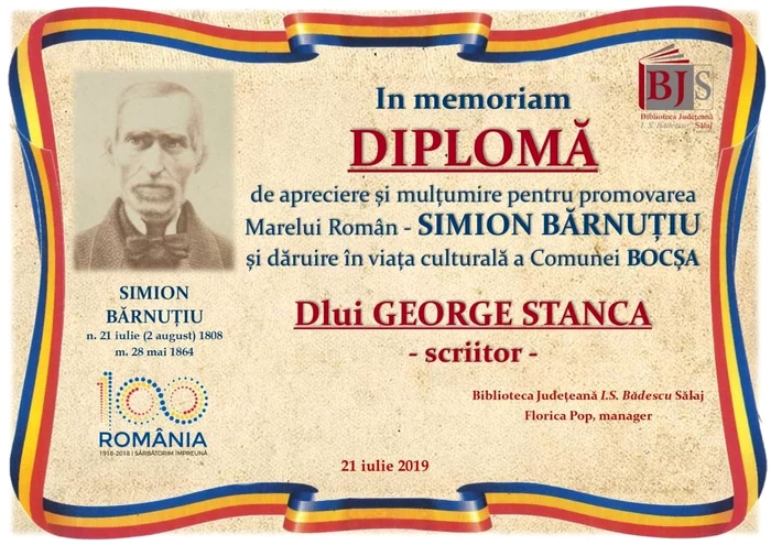 Diploma primită de George Stanca post-mortem pentru promovarea revoluționarului Simion Bărnuțiu