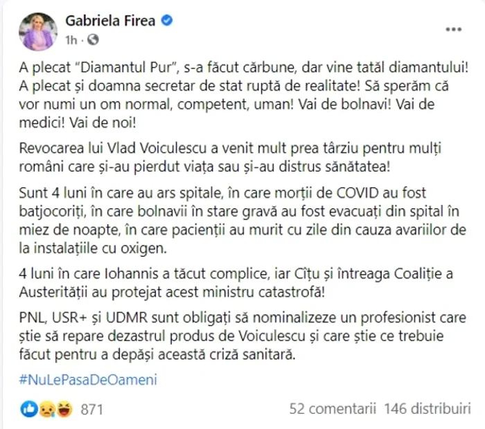
    Gabriela Firea, despre Vlad Voiculescu: „Un ministru catastrofă”Sursa foto: Facebook/Gabriela Firea  