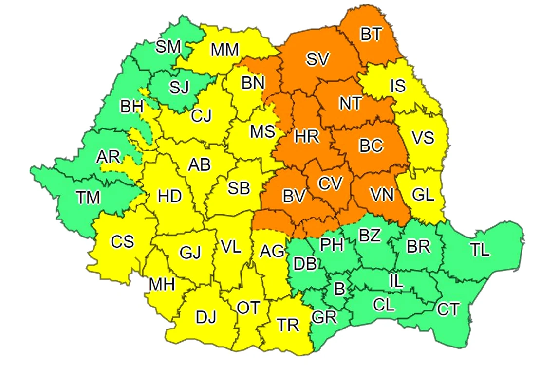 Harta ANM cu cele două coduri de vreme rea