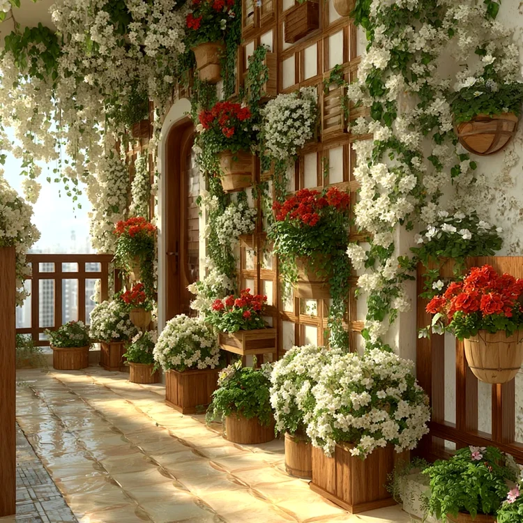 Organizare eficientă de balcon/terasă cu plante cu flori în ghiveci pe suporturi de lemn Ideal House