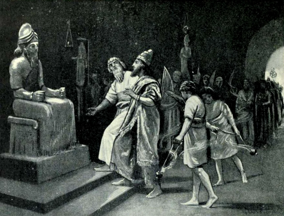 Tukulti-Ninurta I în templul lui Marduk. Ilustrație de Margaret Dovaston