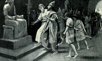 Tukulti-Ninurta I în templul lui Marduk. Ilustrație de Margaret Dovaston