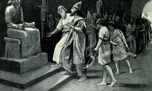 Tukulti-Ninurta I în templul lui Marduk. Ilustrație de Margaret Dovaston