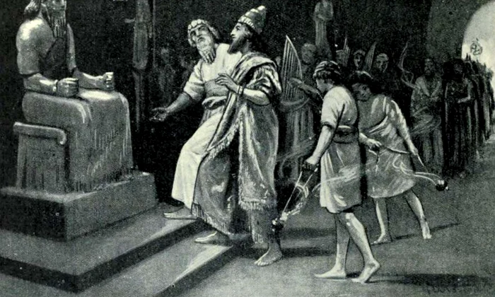 Tukulti-Ninurta I în templul lui Marduk. Ilustrație de Margaret Dovaston