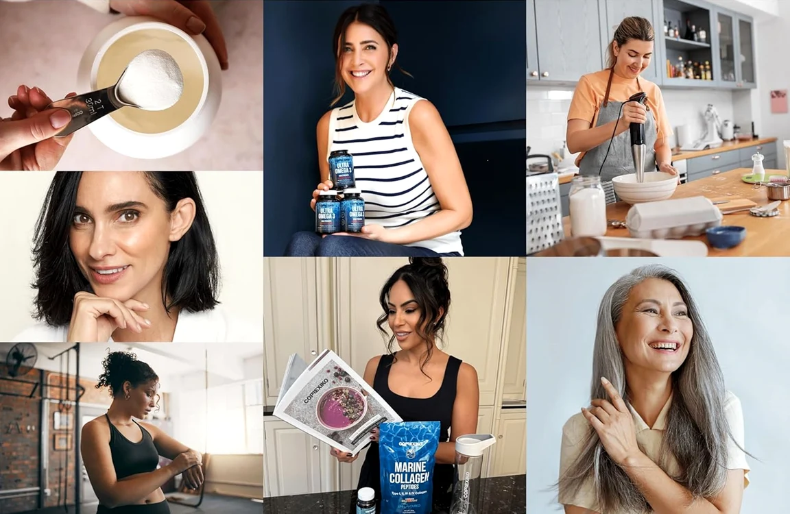 Colaj de imagini cu diversele beneficii ale pudrei de colagen adăugate în cafea Foto Amazon