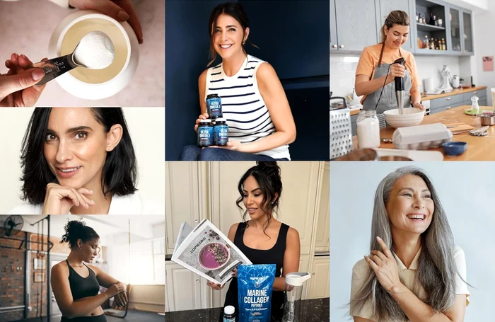 Colaj de imagini cu diversele beneficii ale pudrei de colagen adăugate în cafea Foto Amazon