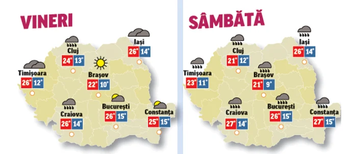 În următoarele zile, cerul va fi predominant noros în toate regiunile țării, iar local vor fi averse însoțite de descărcări electrice.