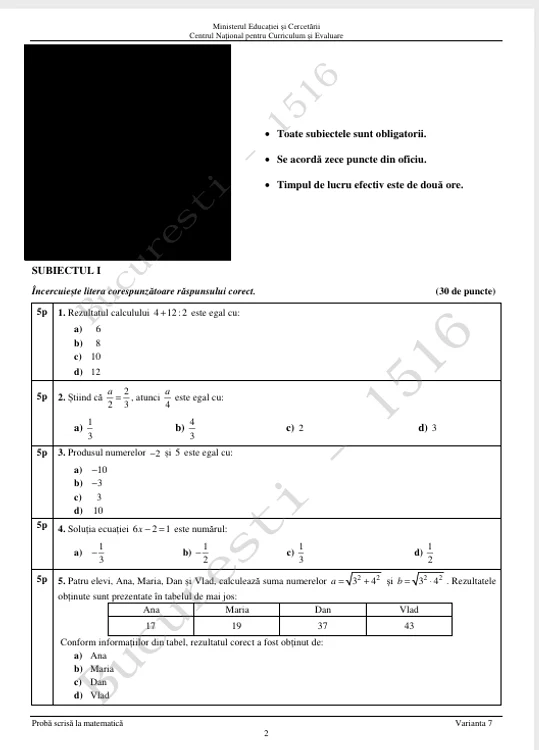 Subiectele la Matematică. FOTO Adevărul