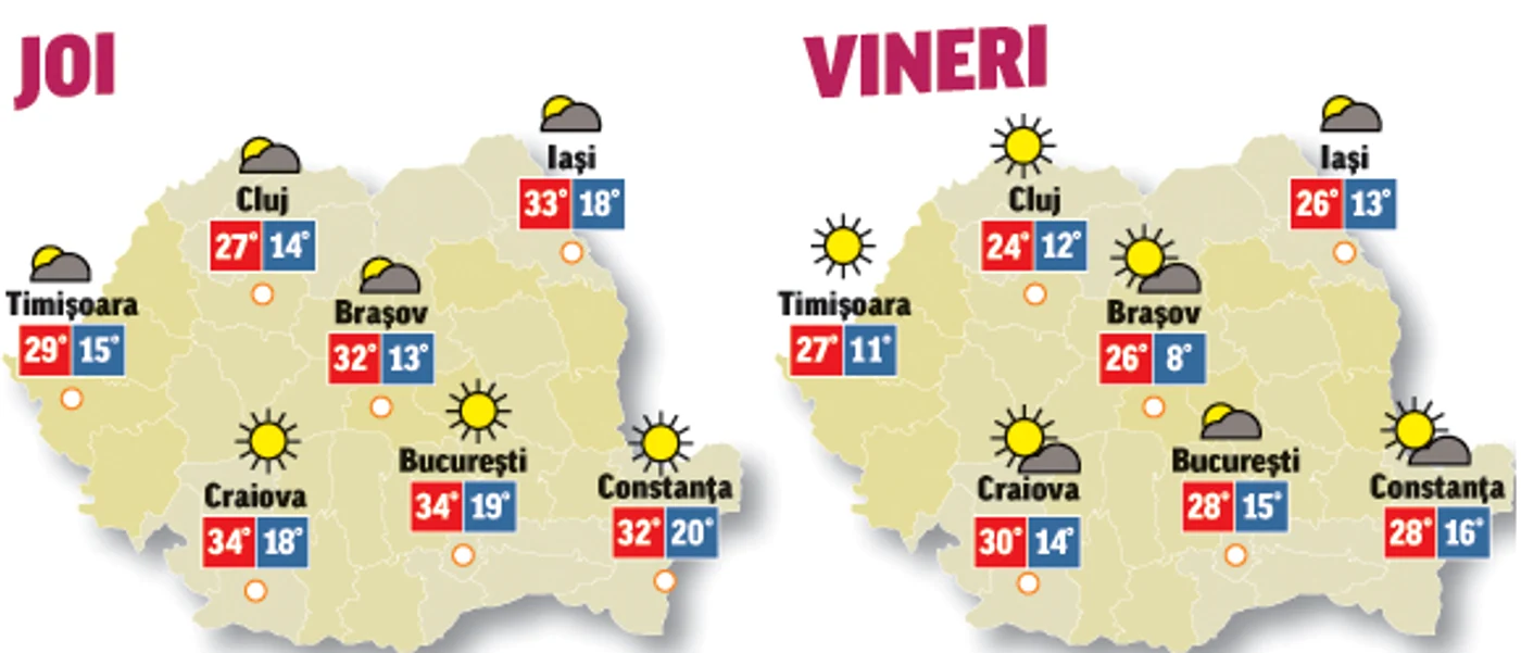 Prognoza meteo pentru următoarele două zile anunță că temperaturile se vor încadra în limite normale pentru această perioadă
