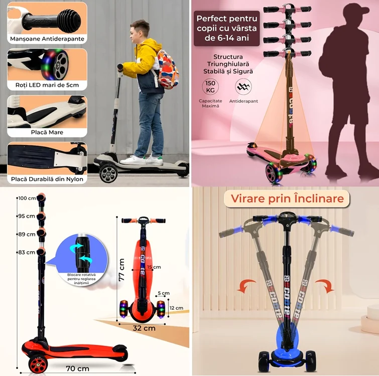 Trotinetă copii Elindor® cu 3 roți cu lumini LED, pliabilă, pentru fete și băieți de 5-12+ ani/eMAG