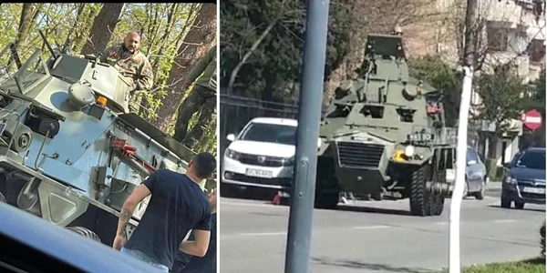 Un blindat englezesc a avariat mai multe vehicule pe o stradă din Râmnicu Vâlcea în timpul unor filmări Foto colaj
