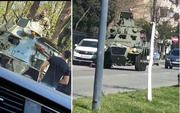 Un blindat englezesc a avariat mai multe vehicule pe o stradă din Râmnicu Vâlcea în timpul unor filmări Foto colaj