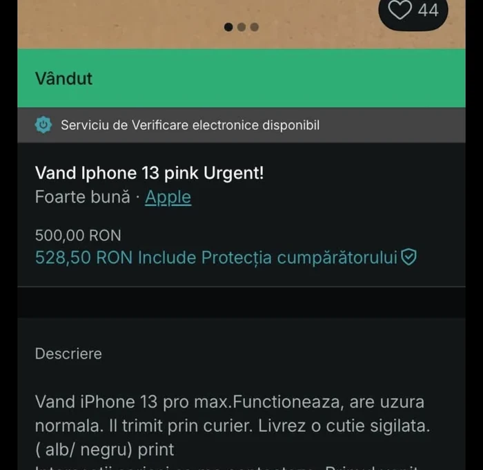 Exemplu de anunț prin care cumpărătorii sunt înșelați FOTO Facebook/Vinted România