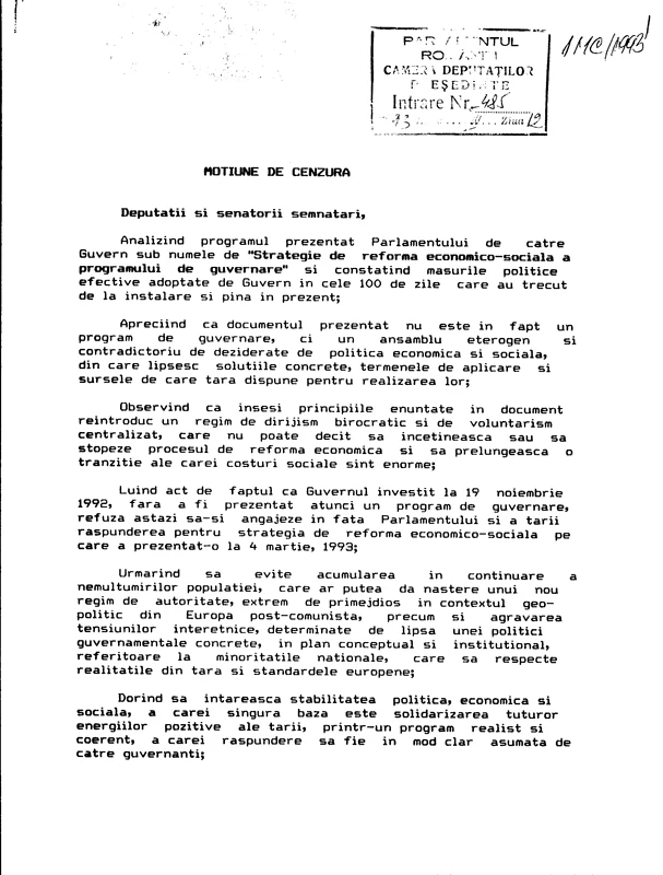Textul primei moțiuni de cenzură Sursa: Camera Deputaților