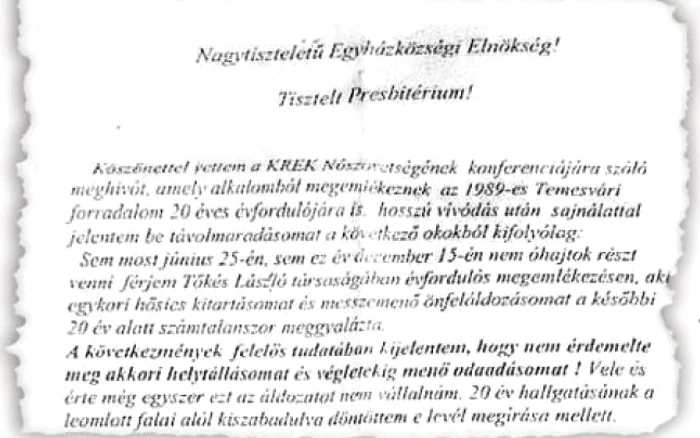 Scrisoarea adresată enoriaşilor reformaţi din Parohia Timişoara 