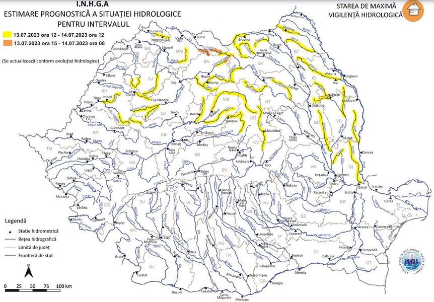 Cod portocaliu și Cod galben de viituri pe mai multe râuri din țară: „Posibile efecte severe de inundaţii”