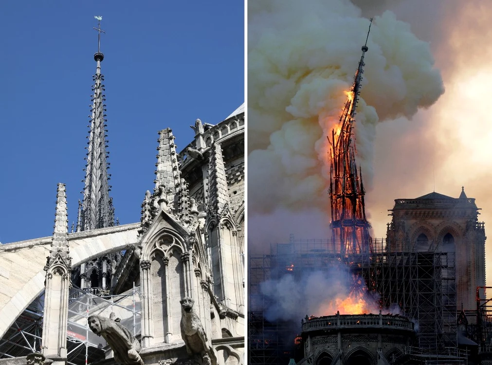 Turnul Catedralei Notre Dame, aşa cum arăta înainte şi cum s-a prăbuşit în incendiu