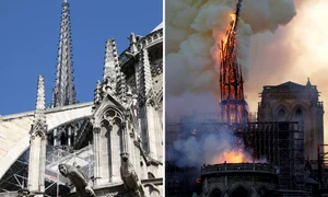 Turnul Catedralei Notre Dame, aşa cum arăta înainte şi cum s a prăbuşit în incendiu jpeg