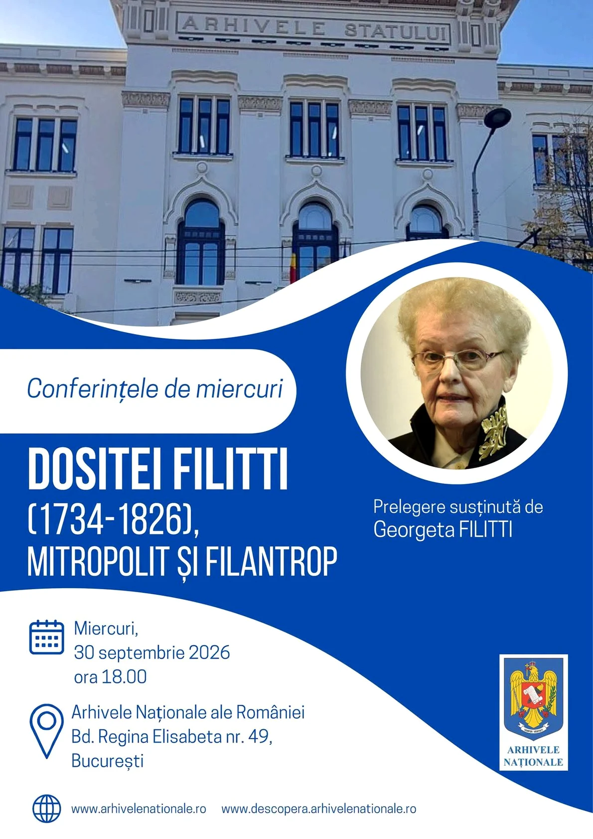  „Conferința de miercuri”, la Arhivele Naționale ale României: „Dositei Filitti (1734–1826), mitropolit și filantrop”