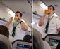 Americanul Michael McAdam însoţitorul de bord şi veteran al companiei WestJet prezentându-şi numărul comic cu instrucţiunile de zbor Foto captură video