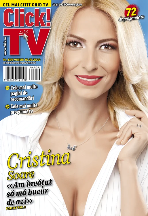 Cristina Soare este pe coperta Click! TV din 15 mai. Click! TV, cel mai citit ghid tv din România, se distribuie gratis, atunci când cumperi ziarul Click!