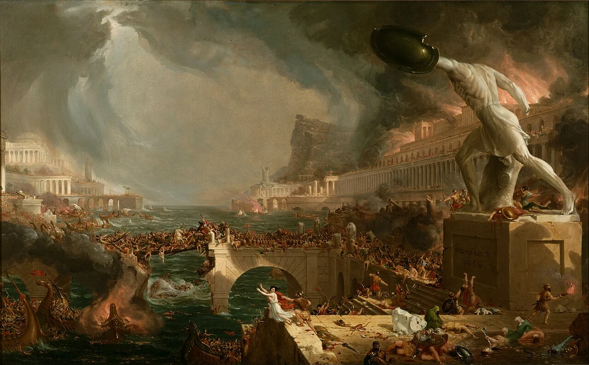 „Cursul Imperiului: Distrugere”, pictură de Thomas Cole (1836) reprezentând căderea Imperiului Roman (© The Metropolitan Museum of Art, New York, SUA / Wikimedia Commons)