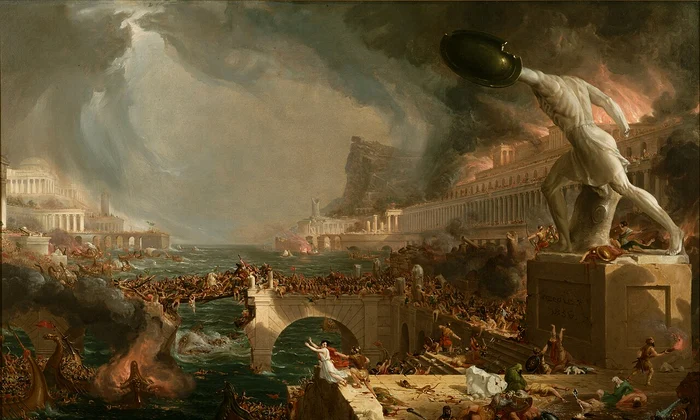 „Cursul Imperiului: Distrugere”, pictură de Thomas Cole (1836) reprezentând căderea Imperiului Roman (© The Metropolitan Museum of Art, New York, SUA / Wikimedia Commons)