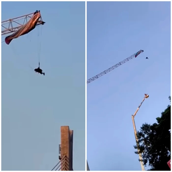 Parapantist rămas suspendat de o macara la zeci de metri/ sursa Youtube ABS-CBN News