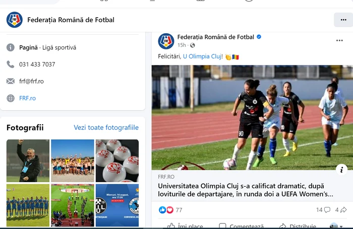 Pagina de Facebook a FRF după un meci important al naționalei