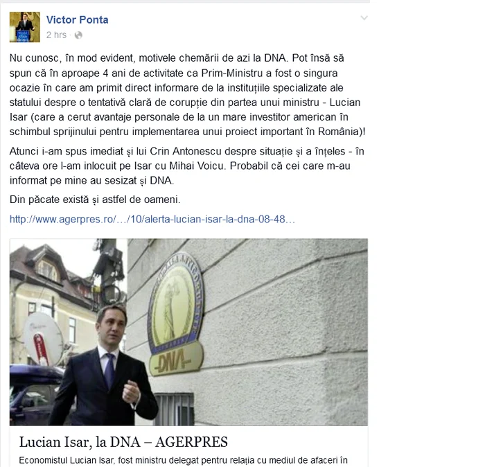 Victor Ponta a dezvăluit că Lucian Isar a cerut șpagă de la americani