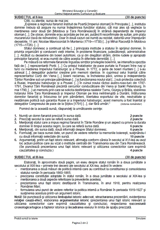 Subiectele de la simulare Bac 2026 Istorie Sursa: MEC