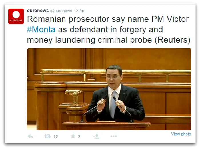 Demisia lui Victor Ponta: Euronews a făcut o gafă pe pagina de TwitterCaptură Twitter