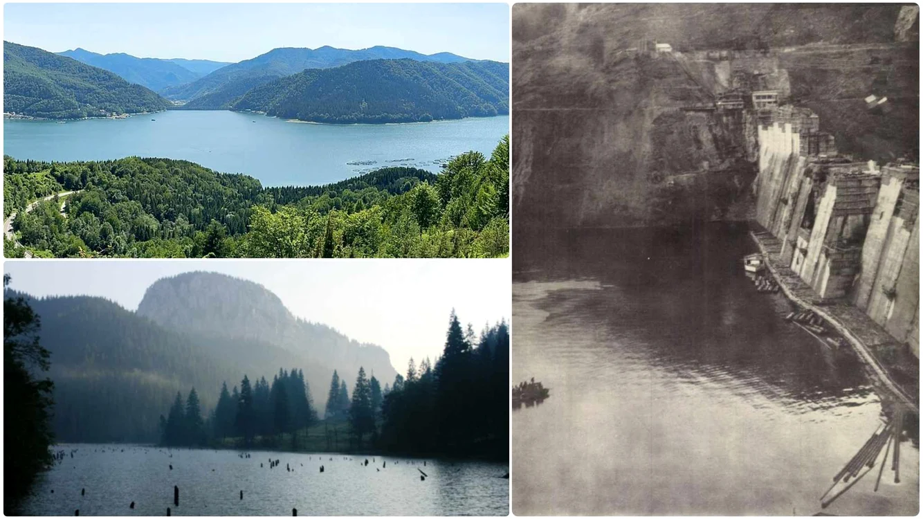 Lacul Bicaz, Lacul Roșu (Wikipedia) și barajul Bicaz în construcție, revista Flacăra, 1960