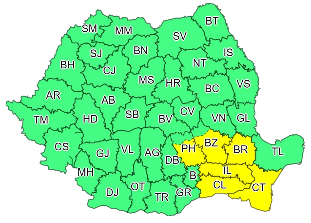 Codul galben e valabil joi, 26 mai, în intervalul orelor 13.00 – 20.00