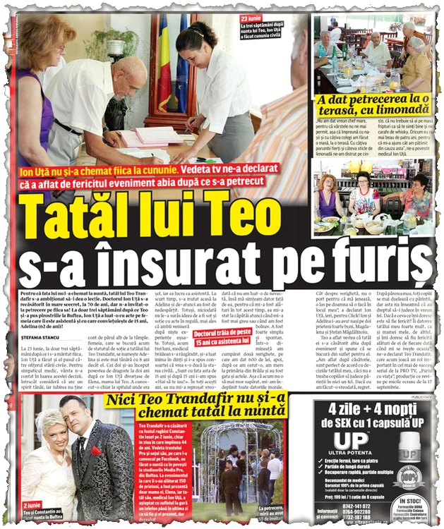 În mare secret,  Ion Uţă(70 de ani)  s-a căsătorit  la 23 iunie  cu asistenta sa,  Adelina (62 de ani)