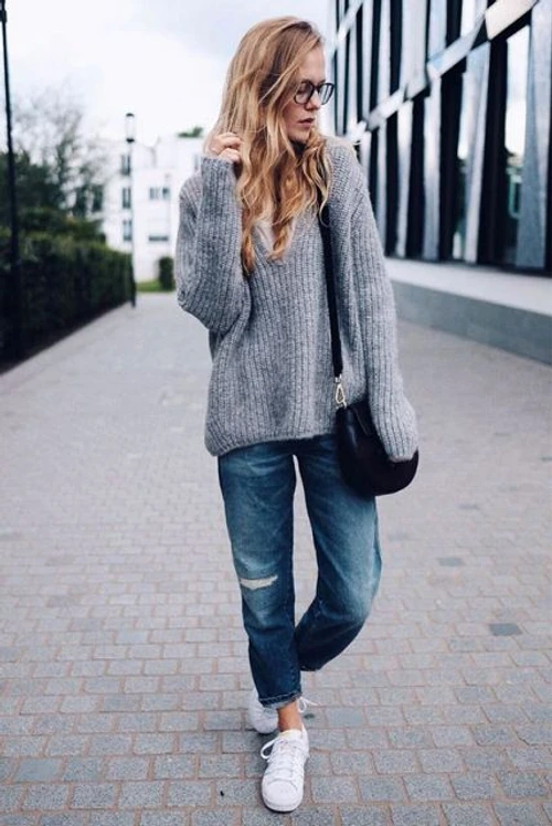 With gray oversized sweater white sneakers and small bag jpg jpeg