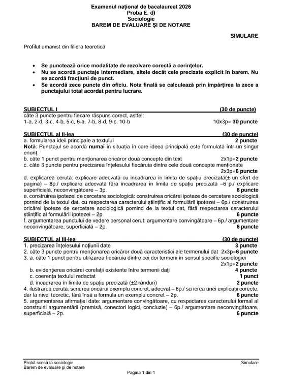Barem corectare simulare BAC Sociologie 2026 FOTO Edupedu.ro