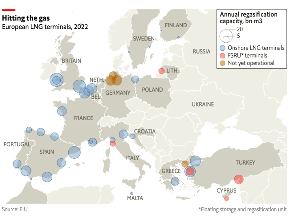 Harta terminalelor LNG din Europa. Sursa: The Economist