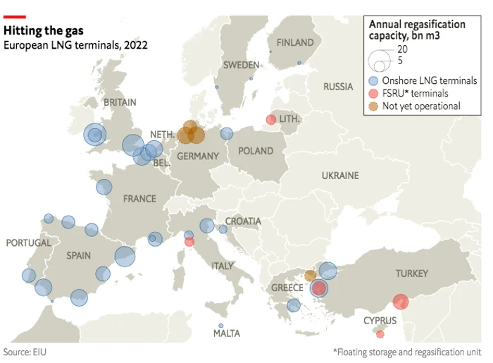 Harta terminalelor LNG din Europa. Sursa: The Economist