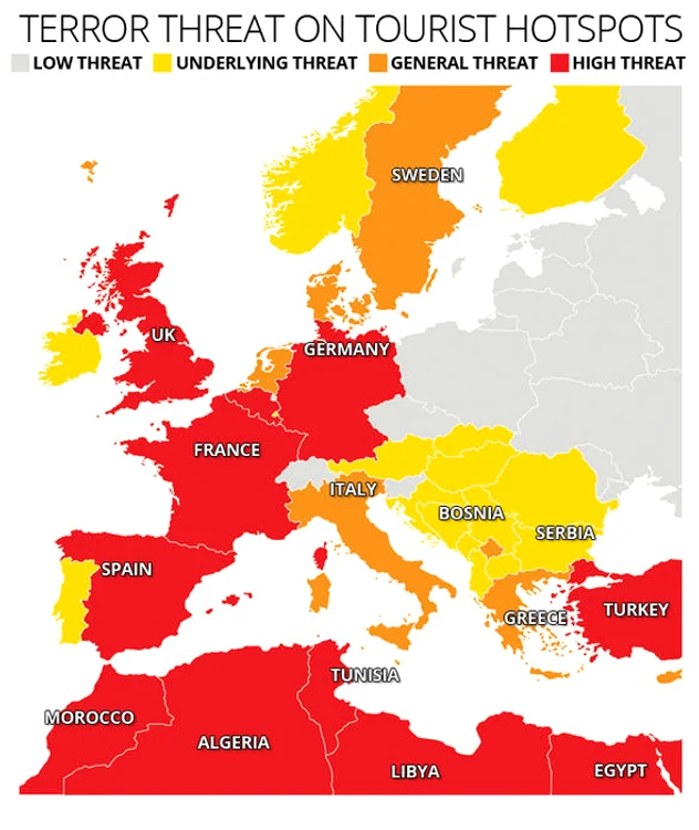 . Țări precum Marea Britanie, Franța, Spania, Germania și Turcia se află în zona de cod roșu al celor mai riscante state