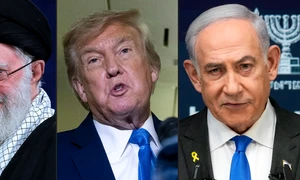 COMBO Ayatollahul Ali Khamenei - Donald Trump și Benjamin Netanyahu FOTO AFP